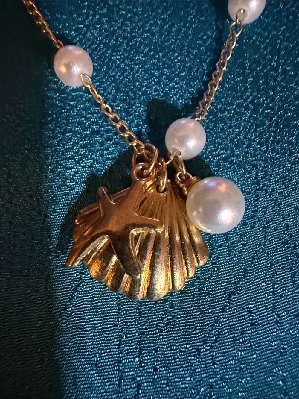 Gold Sea Shell & Starfish Pendant Necklace with White Pearls